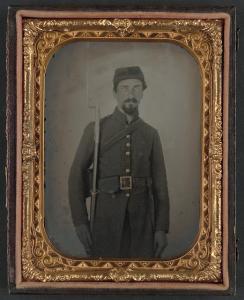 Unidentified private in Confederate uniform and Georgia frame buckle with bayoneted musket. From the Library of Congress Liljenquist Family Collection of Civil War Photographs, AMB/TIN no. 2833 [P&P].