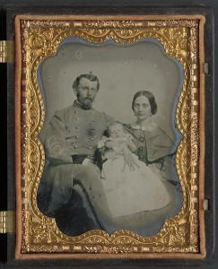 Unidentified officer in Confederate uniform with wife and baby, between 1861 and 1865. From the Library of Congress Liljenquist Family Collection of Civil War Photographs, AMB/TIN no. 2819 [P&P].